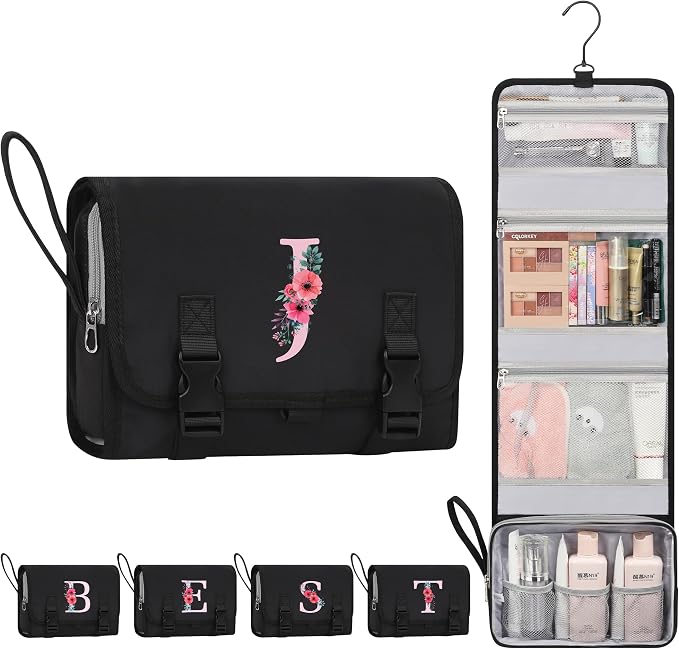 Relavel Hanging Toiletry Bag for Women - Large Capacity Initial Makeup Bag with Hanging Hook, Personalized Hanging Cosmetic Organizer for Travel-Sized Shampoo, Conditioner - Black J