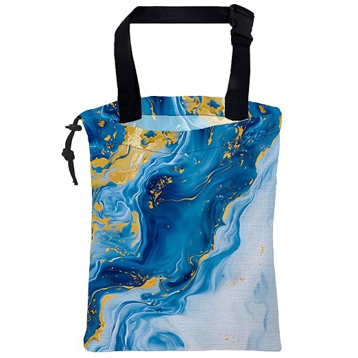 Car Trash Bag Abstract Blue Gold Fluid Marble Leak-Proof Waterproof Car Garbage Bag with Drawstring Foldable Canvas Trash Bin with Adjustable Buckle for Car Accessories