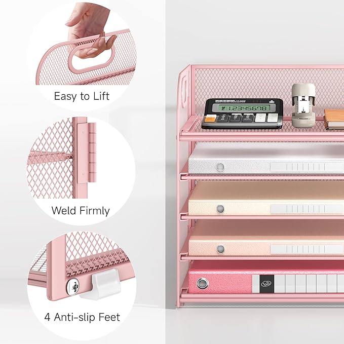 Lavatino Desk Paper Organizer with Handle, 2 Pack 5-Tier Pink Mesh Desk File Folder Holder Letter Tray Sorter Organizer for Office, Home or School