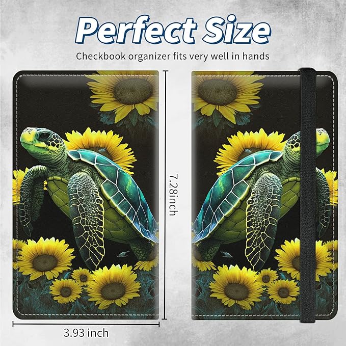 Checkbook Covers for Personal Checkbook Duplicate Checks RFID Blocking Checkbook Cover for Women Men with Elastic Strap Card Slots Pen Holder - Sunflowers Turtle