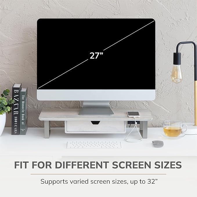 Anji Mountain Monitor Stand - Desktop Organizer & Laptop Riser, Ergonomic Monitor Riser, Space-Saving Monitor Stand for Desk, Durable Construction, Easy Assembly, Ideal for Home & Office,White Wash