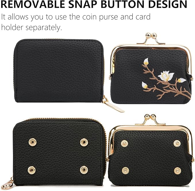 Women's Pebble Leather Wallet, 2-in-1 Zip-Around Credit Card Holder with Kiss Lock Coin Purse, Cute Change Purse with Secure Clasp & Card Slots (Black, Small)