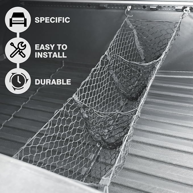 BestEvMod Cargo Mesh Net for Pickup Truck Bed Compatible with Tesla Cybertruck 2026 2025 2024 Accessories Mesh Extra Strong Hook Stretchable Trunk Organizer Cargo Net (3 Pocket, Reinforced POM Hooks)