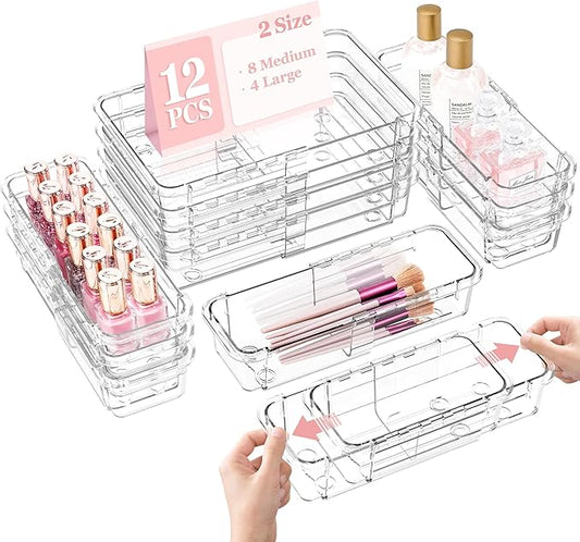 DILIBRA 12 Pcs Clear Extendable Drawer Organizer, Adjustable Drawer Storage 2-Size Desk Drawer Organizer, Plastic Non-Slip Storage Bins for Makeup Cosmetic Jewelries Utensils Stationery Dressers