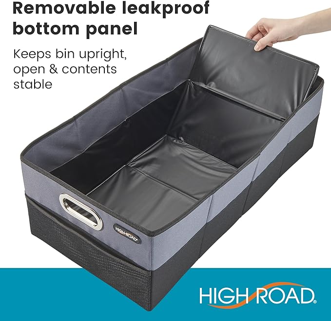 High Road CargoCube Car Storage Bin - Leakproof Car Trunk Storage Organizer with Metal Handles and Front Mesh Pocket, 12x24 Inches - Single pack