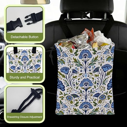 Car Garbage Bag Blue Green Floral Damask Hanging Canvas Car Trash Bag Waterproof Drawstring Car Back Seat Organizer for Car Back Front Seat Console with Adjustable Buckle