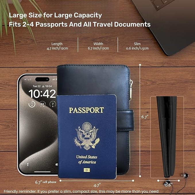 Genuine Leather Passport Wallet, RFID Blocking Passport Holder with Tracker Slot, All in One Travel Wallet for Women/Men, Secure Passport Cover Case for Airport Essentials (Black)