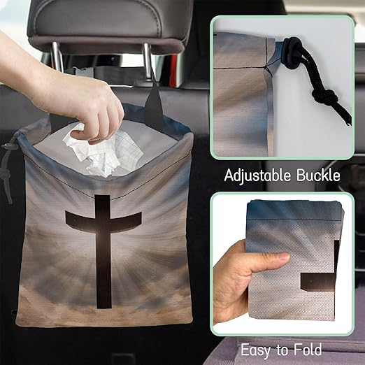 Jesus Christ Cross Car Trash Bag,Hanging Drawstring Car Garbage Bag,Waterproof Canvas Car Back Seat Organizer with Adjustable Buckle,for Vehicles,SUVs,Camping,Road Trips