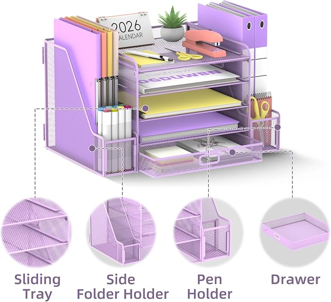 SUPEASY Mesh Desk Organizer with File Holder, 5-Tier Paper Letter Tray Organizer with Magazine Holder, Desktop Organizer and Storage with Drawer for Office Supplies Home or School (Purple)