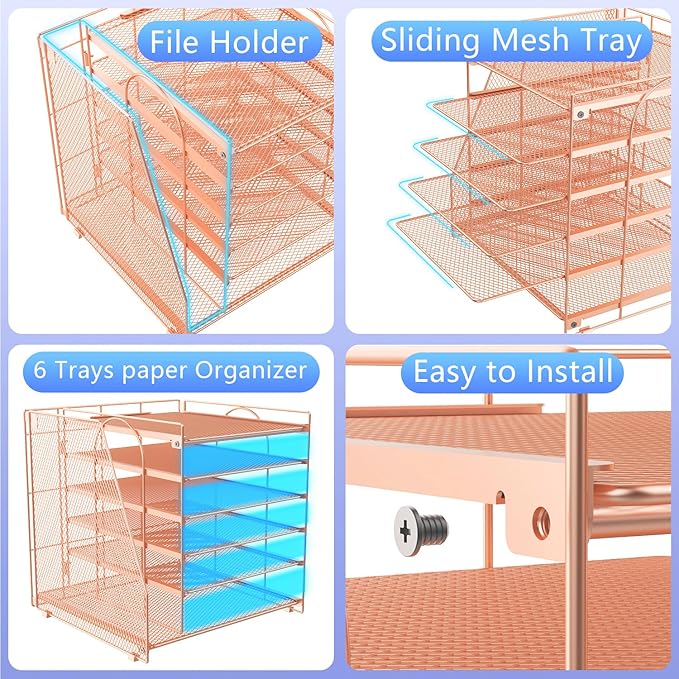 gianotter 6-Tier Paper Organizer With Magazine Holder, Desk Organizers and Accessories, Desk Accessories & Workspace Organizers, File Organizer for Office Supplies Storag (Rose Gold, 6-Tier)