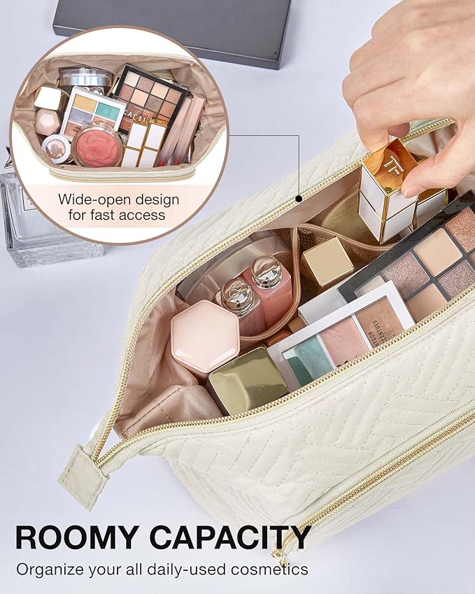 BAGSMART Travel Makeup Bag, Cosmetic Bag Small Make Up Organizer Case,Wide-open Pouch for Women Purse for Toiletries Accessories Brushes,Large Beige