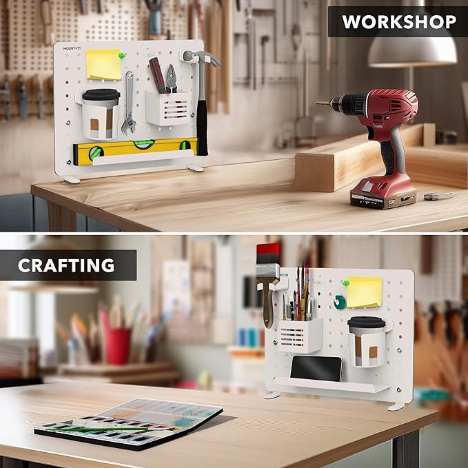 Mount-It! Clamp-On Pegboard Organizer | Adaptable Desk Storage for Home Office, Gaming & Crafting | Easily Organize Essentials with Shelf, Cup Holder & Hooks (White)