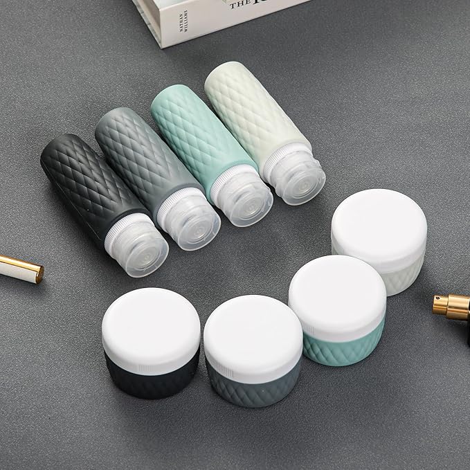 kuangre 8 Pack Travel Bottles for Toiletries - 3 OZ / 90 ML, | Leak Proof Silicone Containers with Clear Bag, Travel Size Toiletries for Lotions, Creams, Foundation, Shampoo, body wash and More |