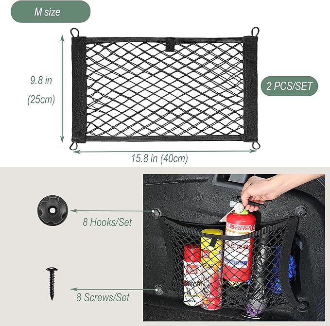 2 Layer Small Cargo Net,Cargo Storage Pocket Net, Mesh Elastic Pouch Organizer with Mounting Screws Hooks for Car,Rv, Trunk,Boats,SUV, Truck(2 Pack,15.8 x 9.8 Inch(40 x25cm)
