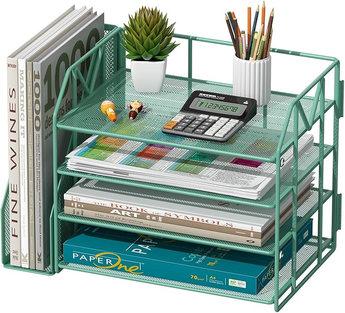 4-Tier Paper File Organizer with Bookend, Metal Desk Organizer, Tiered Paper Tray for Letter/A4 Files, Desktop Office Supplies Storage Rack for Home Office, Classroom, School & Work,Green