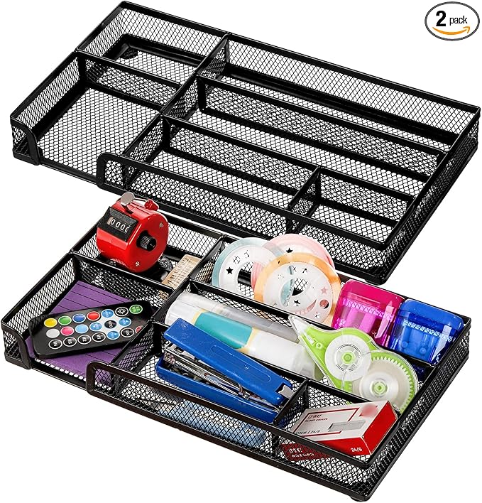 Noamus 2 Pack Desk Drawer Organizer, Metal Mesh Drawer Office Tray, 6 Compartments Pen Organizer Storage Box, Desktop Basket Accessories for Home Office School Kitchen Vanity Supplies, Black