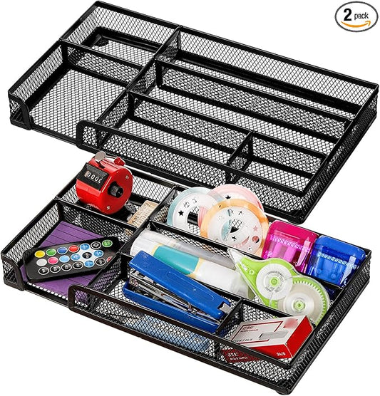 Noamus 2 Pack Desk Drawer Organizer, Metal Mesh Drawer Office Tray, 6 Compartments Pen Organizer Storage Box, Desktop Basket Accessories for Home Office School Kitchen Vanity Supplies, Black