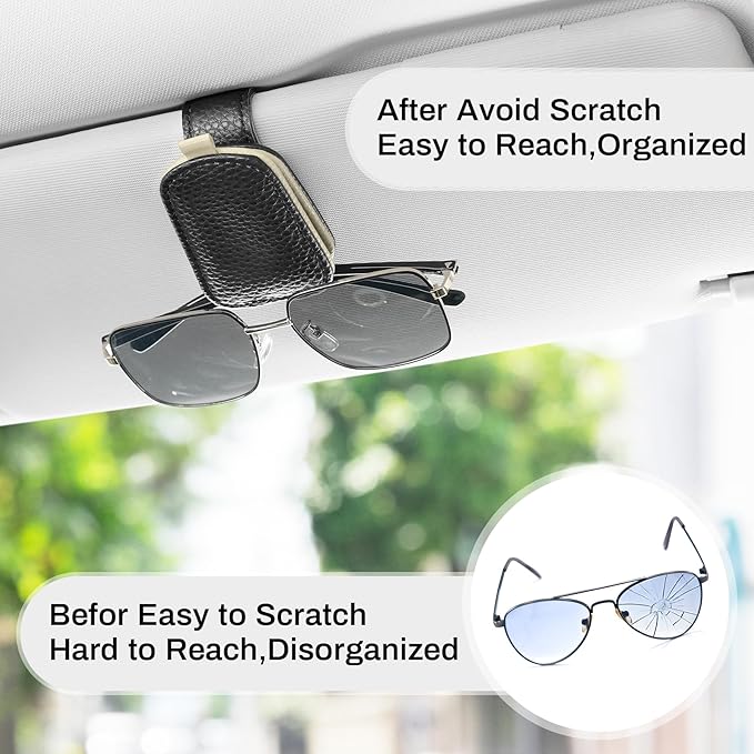 SINGARO Sunglasses Holder for Car, Leather Magnetic Buckle Sun Visor Sunglass Clip, Ticket Card Storage Glasses Clip, Car Interior Accessories for Men and Women（2PCS Black-Beige）