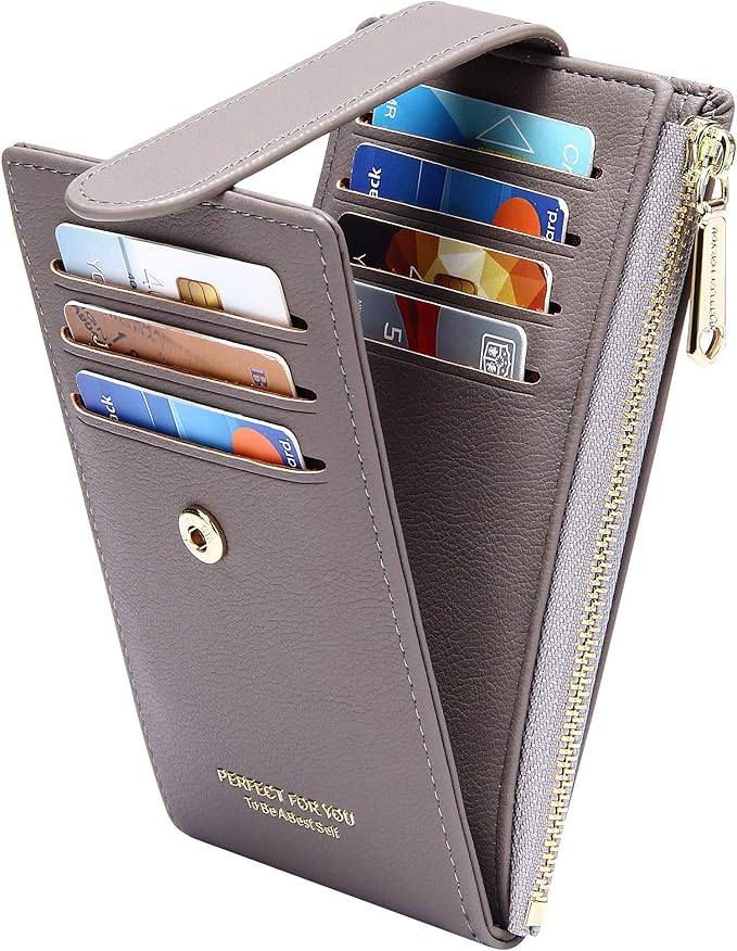 Badiya Slim Women Wallet RFID Blocking Bifold Compact 9 Card Slots Holder Wallets Soft Leather with Zipper Coin Pocket 2 ID Window