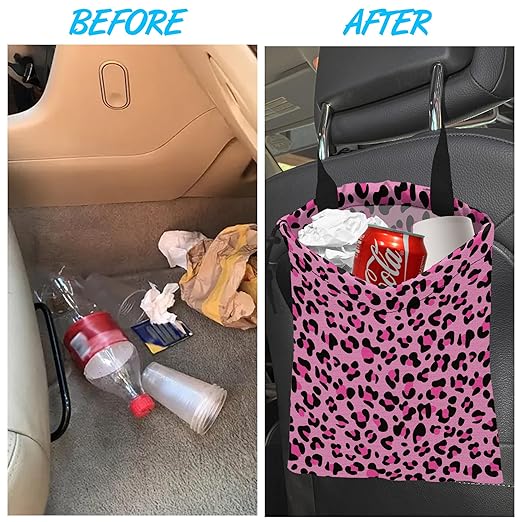 Car Trash Bag Pink Leopard Print Car Garbage Bag Hanging Car Trash Can for Back Seat with Drawstring