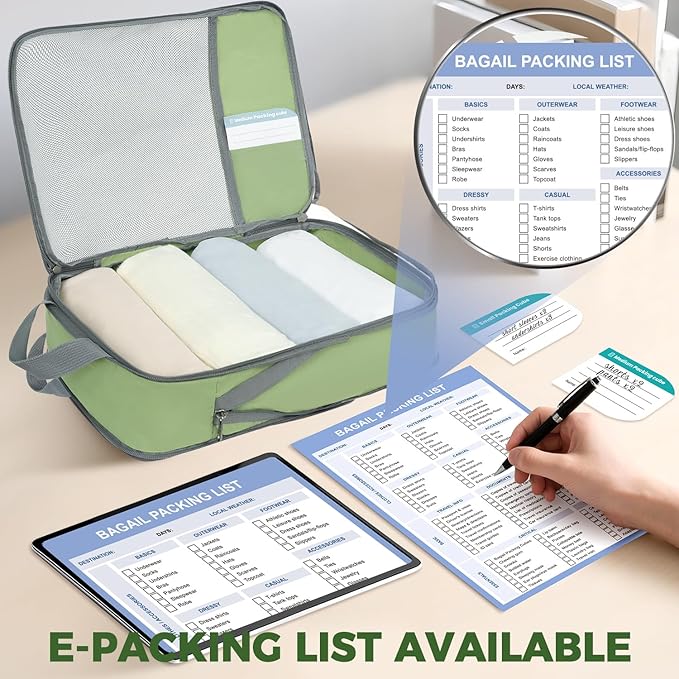 BAGAIL 6 Set Lightweight Compression Packing Cubes with Packing List, Anti-Tearing Expandable Organizer Bags for Travel, Matcha Green
