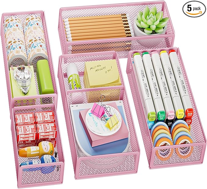 Marbrasse 5 Pack Desk Drawer Organizer Set, Mesh Drawer Storage Trays with 1 Adjustable Divider, Desk Organizers and Accessories, 5 PCS Drawer for Office Supplies, Makeup & Vanity (Pink)