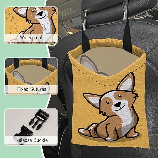 Cute Dog Car Trash Bag,Hanging Drawstring Car Garbage Bag,Waterproof Canvas Car Back Seat Organizer with Adjustable Buckle,for Vehicles,SUVs,Camping,Road Trips