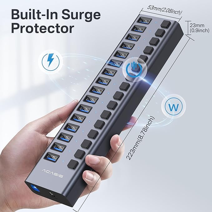 Powered USB 3.2 Hub, ACASIS 16 Ports USB 3.2 Hub with 10Gbps Data Speed，Aluminum Housing, USB Hub Powered with 96W Power Adapter, USB Hub for PC/Laptop, Computer, Flash Drive, Printer, Camera
