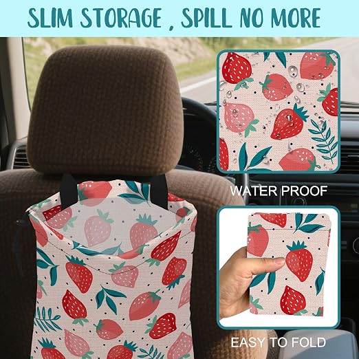 Car Garbage Bag Strawberry Berries and Leaves Hanging Canvas Car Trash Bag Waterproof Drawstring Car Back Seat Organizer for Car Back Front Seat Console with Adjustable Buckle