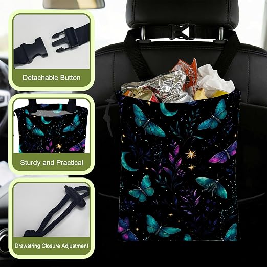 Car Garbage Bag Blue Purple Butterfly and Moon Hanging Canvas Car Trash Bag Waterproof Drawstring Car Back Seat Organizer for Car Back Front Seat Console with Adjustable Buckle