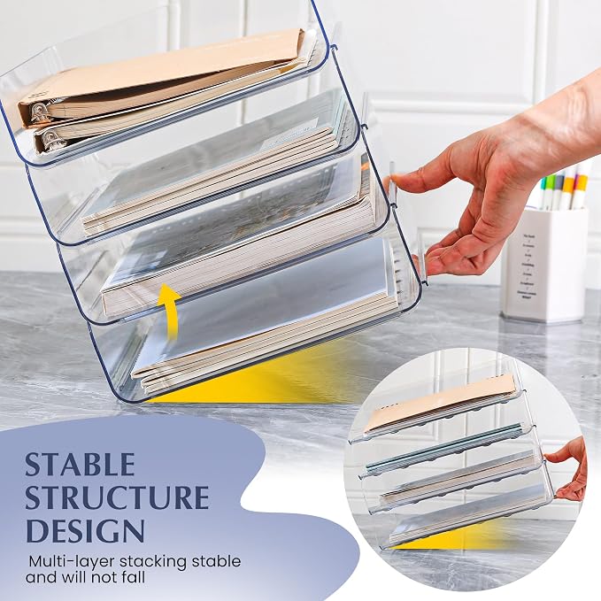 CiWiVOKi 4 Trays Paper Organizer Letter Tray, Acrylic Clear PET Desk File Organizer, Stackable Paper Holder Sorter for Desk Accessories, Files, Documents, iPad, Books, A4 Size, No Assembly Required