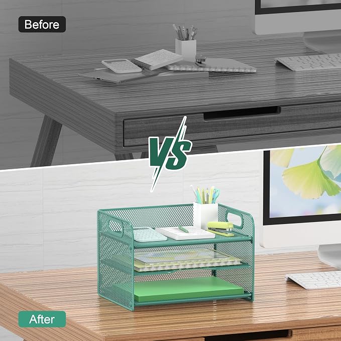 Samstar 3 Tier Green Letter Tray Paper Organizer with Handle, Mesh Desk Organizer Paper Sorter File Rack Shelves, Green