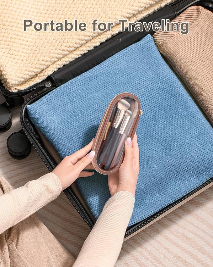 Soimeat Clear Travel Makeup Brush Holder, Leather Makeup Brush Toiletry Bag, Portable Cosmetic Brush Case, Transparent Waterproof Makeup Brush Storage Bag, Brown