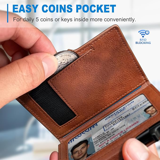 miyozi Men Wallet,with Money Clip Coins Pocket ID Window,Slim Front Pocket RFID Blocking Pop-up Card Holder 3.9"x 2.7", Gift Boxed