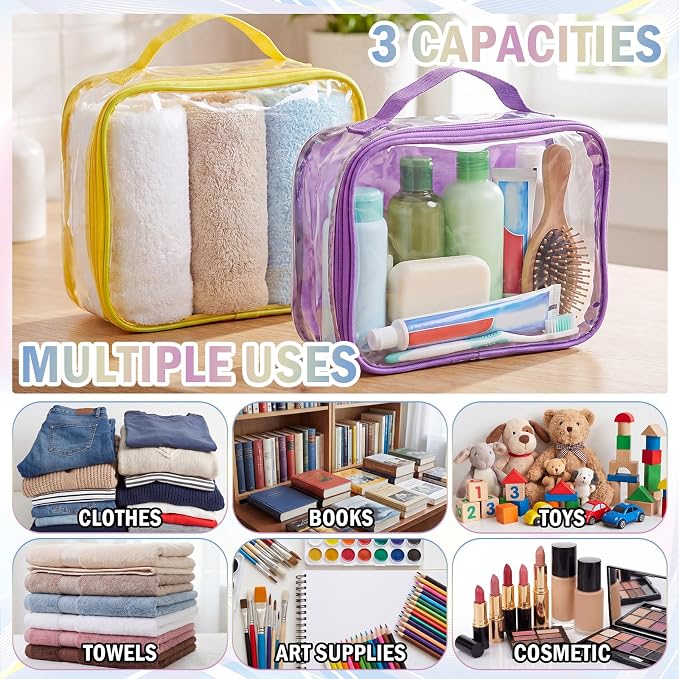 6 Pcs Clear Packing Travel Cubes Set Reusable See Through Premium PVC Plastic Organizer Bag with Handle for Summer Camp Travel Luggage Storage Organizer Multipurpose Pouch Toiletry Bag(Bright Color)