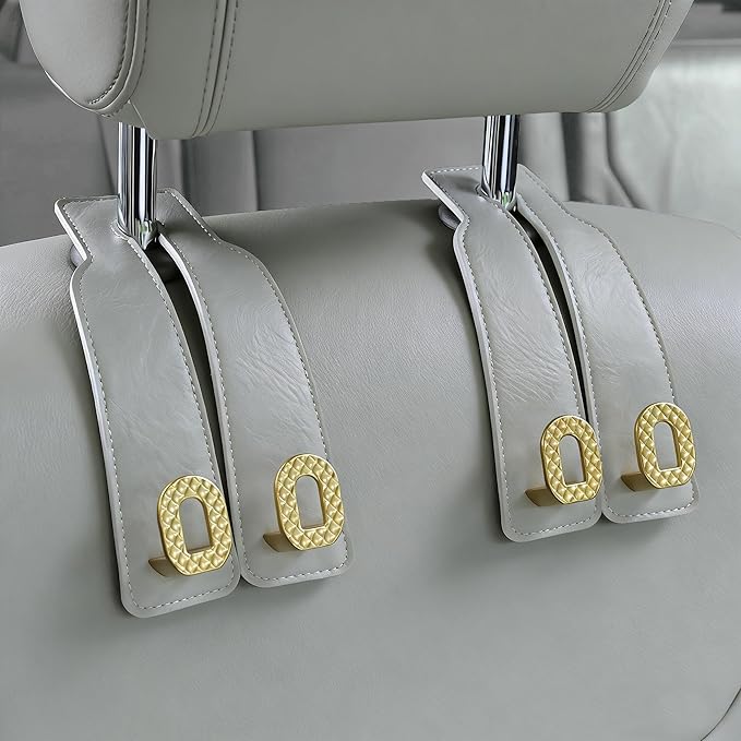 Car Headrest Hooks Universal Car Purse Hook Premium Leather and Alloy Twin Hook Car Seat Back Storage Hanger Hook for Purse Bags Cloth Drink Durable Holder Car Accessories (BH09-Grey-Gold)
