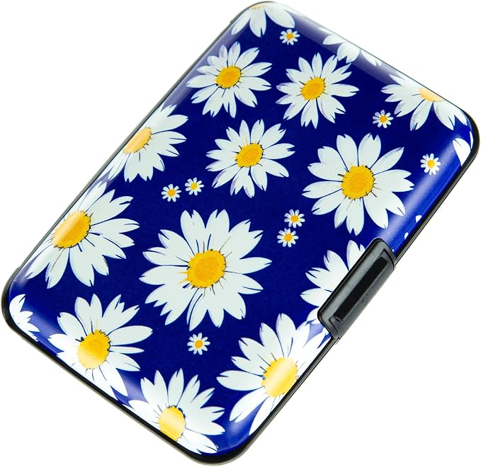 Credit Card Holder for Women Men RFID Blocking Wallet Small Business Metal Slim Mini Aluminum Hard Case (White Flowers Chamomile)