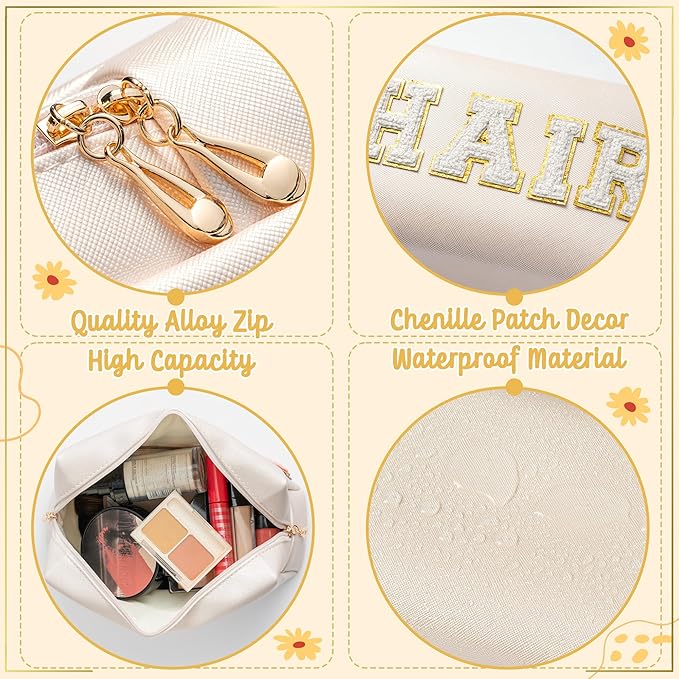 Y1tvei HAIR SKIN Makeup Bags - 2Pcs Preppy Patch SKIN HAIR Varsity White Letter Cosmetic Toiletry Bag Zipper Pouch Storage Portable Purse Waterproof Travel Organizer Gift for Women Girls (Shell Gold)