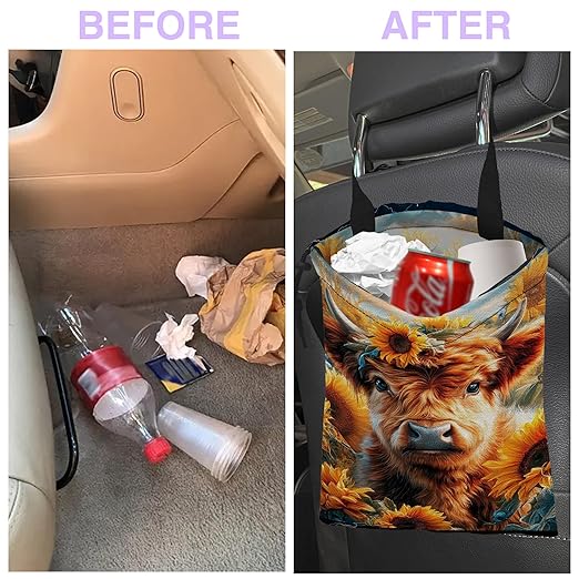 Car Trash Bag Hanging Highland Cow and Sunflowers Car Trash Can for Back Seat Waterproof Car Garbage Can with Adjustable Straps and Drawstring for Car Accessories Vehicle Travelling Camping