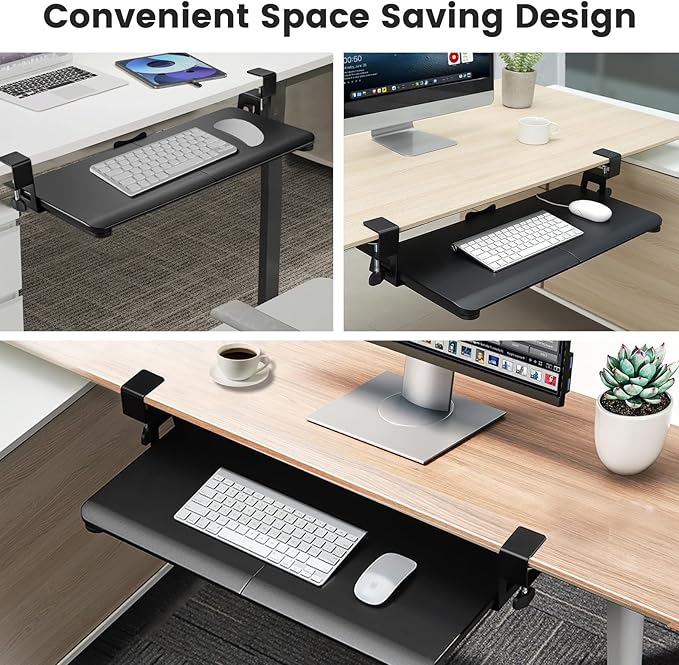 Keyboard Tray Under Desk, Slide Out Computer Keyboard & Mouse Tray with C Clamp-on Mount Easy to Install,30" W（Including Clamps） X 12" D Large Size,Black