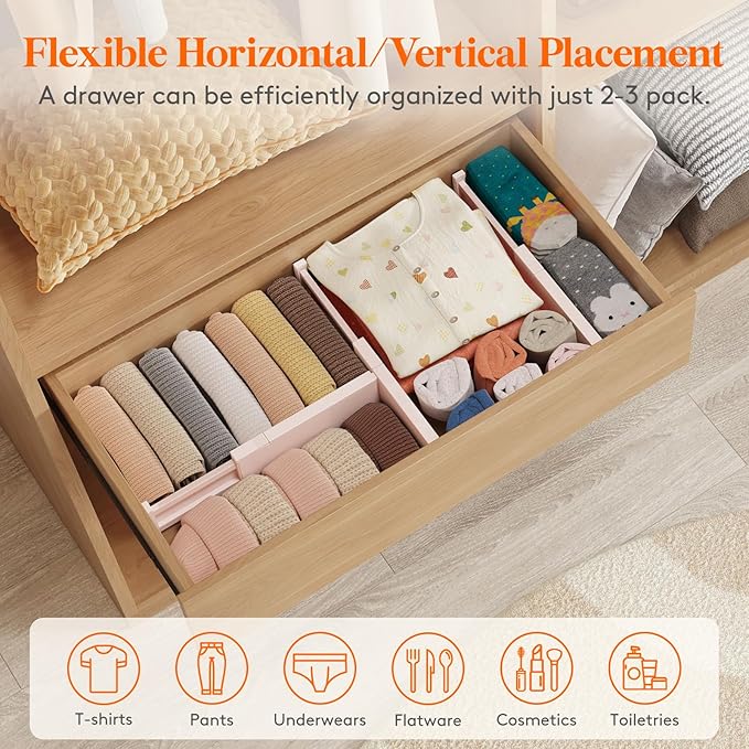 Lifewit 24 Pack Drawer Dividers 4" High 28-43.5cm/11-17" Adjustable Drawer Organizer for Clothes/Utensils, Expandable Drawer Separator in Dresser/Kitchen/Bedroom/Office Organization & Storage Pink