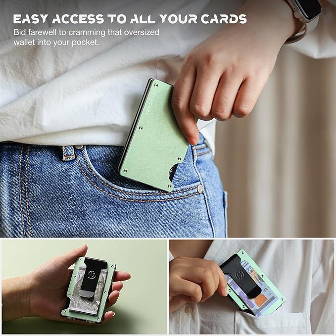 Minimalist Magnetic Wallet for Women, Compatible with MagSafe Wallet with Money Clip, Rfid Blocking Metal Card Holder, Slim Wallet Compatible with iPhone 16/15/14/13/12 Series - Grass Green