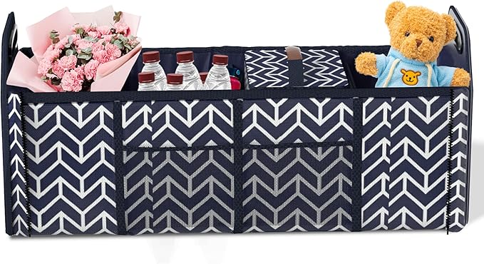 Trunk Organizer for car, Foldable Car Storage Bag Portable Insulation Cooler Bag Collapsible Vehicle Organizer Divider Storage Totes with 4 Compartment Cargo Tote for Groceries Caddy SUV, Navy Blue
