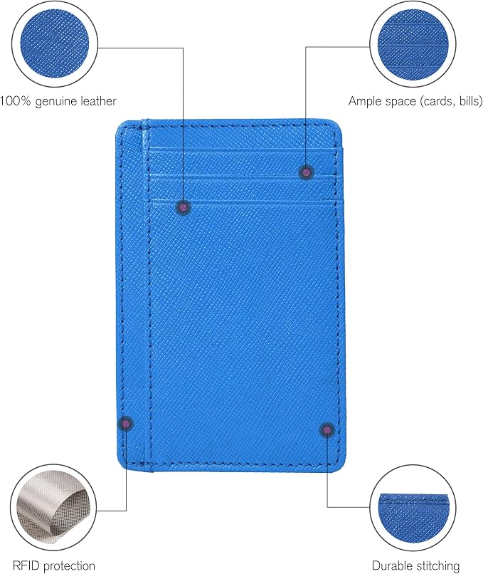 Real Leather Slim Minimalist Wallet for Men and Women -RFID Blocking Front Pocket Thin Credit Card Holder Stylish Wallets (Water Blue)