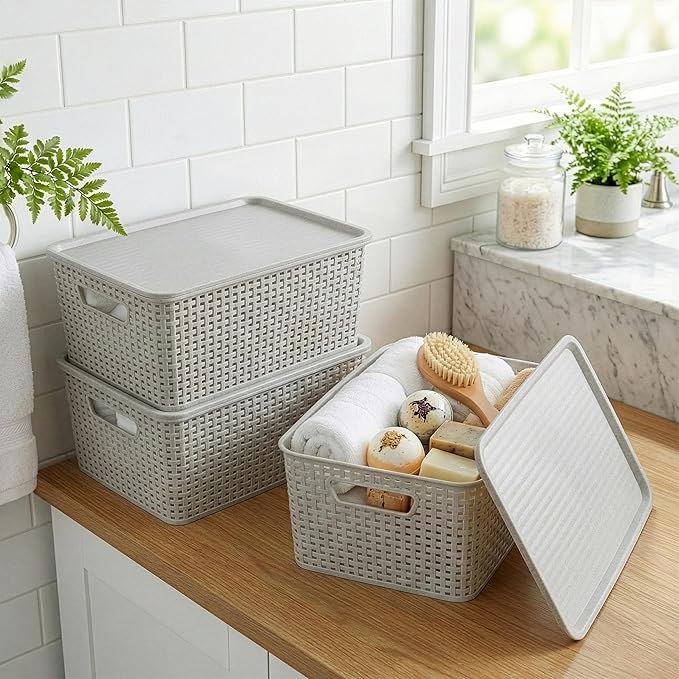 BINO | Plastic Storage Baskets with Lids, 15.5 Liter - 3 Pack, Natural Grey | THE WOVEN COLLECTION | Storage Basket for Shelves | Woven Storage Baskets for Organizing Bins | Pantry Shelf Organizer Bin