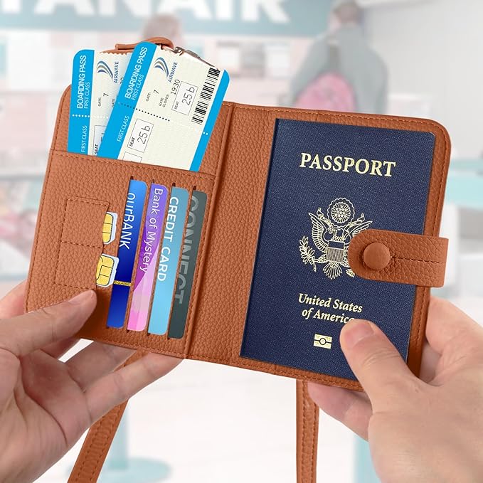 Boutilon Leather Passport Holder Covers Case with Neck Lanyard and Luggage Tag Waterproof RFID Blocking Travel Wallet Solid Color Passport Organization for Women and Men (Caramel Brown)