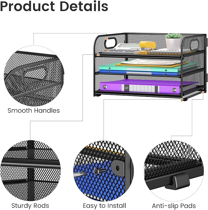 Cawukege 3 Tier Paper Organizer with Handle, Metal Desk Organizer Mesh Paper Letter Tray Desktop File Folder Document Sorter for Classroom, School, Office Accessories Storage (1, Black)