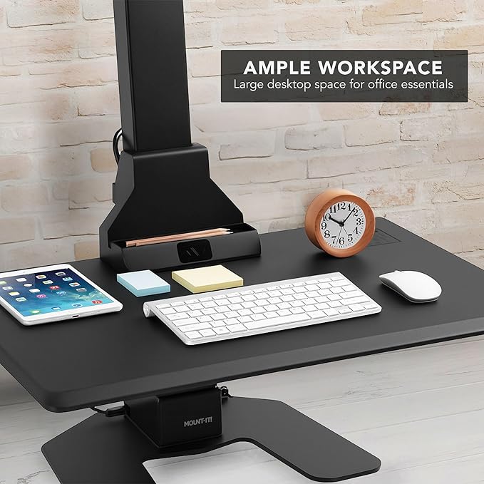 Mount-It! Triple Monitor Electric Standing Desk Converter - 3 Screens Stand Up Desk Riser - Height Adjustable Desktop & 3 Mounts for Screens up to 32", Sit-Stand Convertor for Home, Office, School