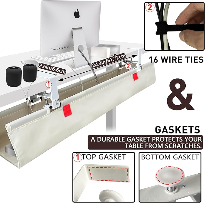 [Upgraded] Under Desk Cable Management, 36" Cord Organizer, with Silicone Pads (No Scratch!), 16 Cable Ties, Washable PE Honeycomb Base,Fits Any Desk 0-2.1", No Stinky Cardboard! Beige