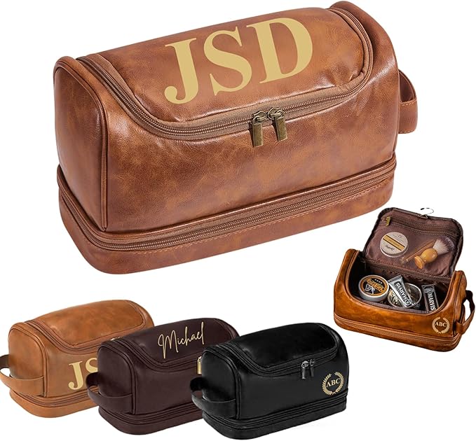 Personalized Leather Toiletry Bag for Men, Large Capacity Toiletry Travel Bag, PU Leather Waterproof Shaving Toiletry Bag, Travel Essentials Customized Gifts for Husband (Style 4)